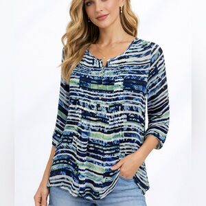 Blue & Green Striped 3/4 Sleeve Button-Front Blouse